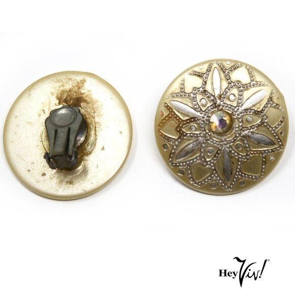 Vintage Clip On Button Earrings - Thermoset Intricate Etched Design - Hey Viv - Picture 2 of 4